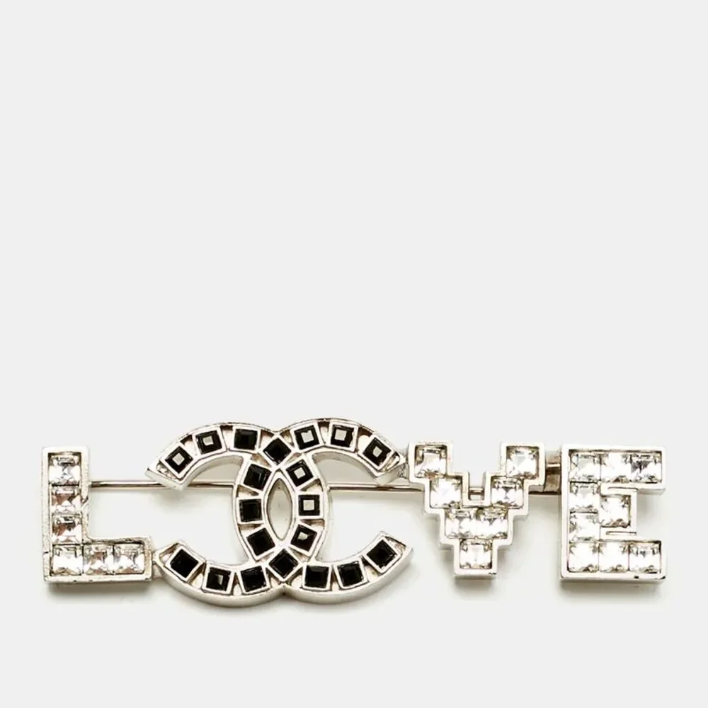 Chanel Cc Love Crystal Silver Tone Pin Brooch